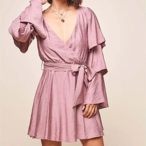 Mauve Wrap‎ Dress Tie Waist Ruffle Sleeve V Neck Mini Cocktail Party